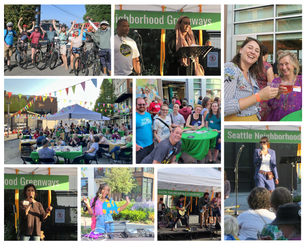 Collage of 9 photos. From top left: 9 people on bikes with Ballard-Fremont Greenways celebrating their arrival with their arms in the air; Renaissance and Nura Ahmed speaking on stage; two women enjoying refreshments on the patio, Anna Zivarts speaking on stage, Balcony Bridge playing music, DJ Toya B, Seattle City Councilmember Tammy Morales speaking on stage; many dinner tables in the street with people seated and colorful pennant flags criss-crossing overhead; Central Seattle Greenways group photo.