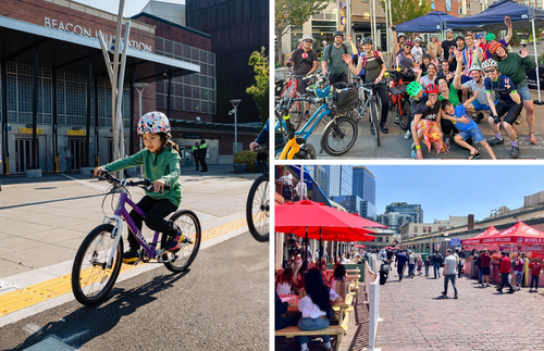 Image collage of girl biking in a protected bike lane in front of Beacon Hill Station, a large group of people celebrating the opening of the 15th Ave S bike lanes, and Pike Place filled with pedestrians and no cars.
