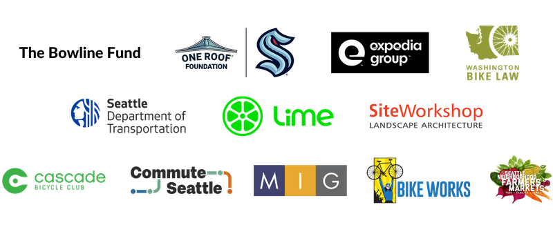 Sponsor logos. Top row: The Bowline Fund, One Roof Foundation and Seattle Kraken, Expedia Group, Washington Bike Law. Middle row: Seattle Department of Transportation, Lime, Site Workshop. Bottom row: Cascade Bicycle Club, Commute Seattle, MIG, Bike Works, Neighborhood Farmers Markets.