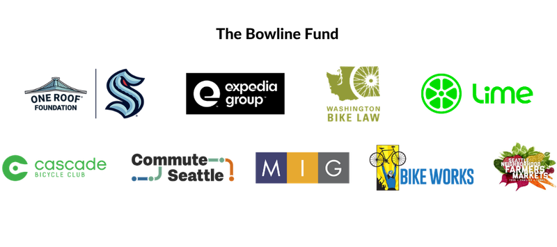 Sponsor logos. Top row: The Bowline Fund. Middle row: One Roof Foundation and Seattle Kraken, Expedia Group, Washington Bike Law, Lime. Bottom row: Cascade Bicycle Club, Commute Seattle, MIG, Bike Works, Neighborhood Farmers Markets.
