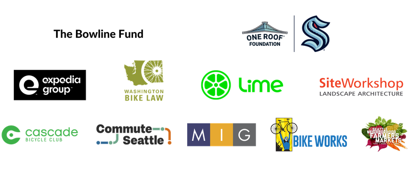 Sponsor logos. Top row: The Bowline Fund, One Roof Foundation and Seattle Kraken. Middle row: Expedia Group, Washington Bike Law, Lime, Site Workshop. Bottom row: Cascade Bicycle Club, Commute Seattle, MIG, Bike Works, Neighborhood Farmers Markets.