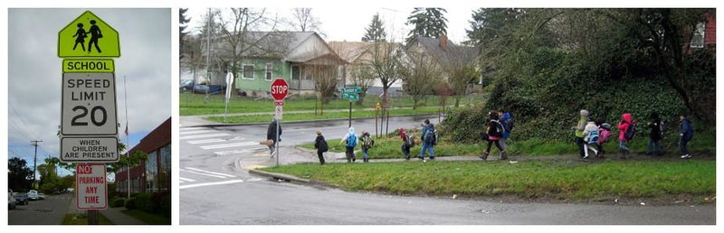 A banner with a close-up image of a school zone speed limit sign and an image of a group of children walking together down the sidewalk wearing raincoats.