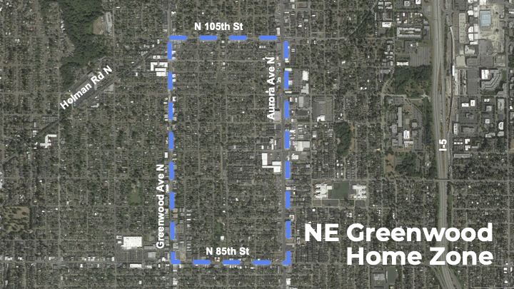 The NE Greenwood Homezone is bounded by N 85th Street to the south, N 105th Street to the north, Greenwood Ave N to the west, and Aurora Ave N to the east