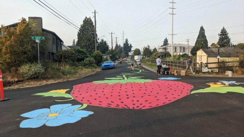 NE Greenwood Homezone - Evanston P-Patch street mural traffic calming project.