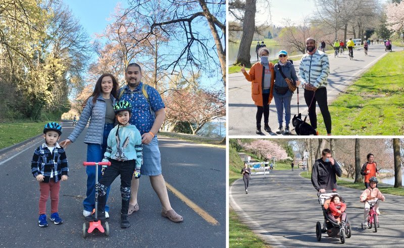 Image collage of families and groups walking, scooting, and riding bikes on Lake Washington Boulevard when it is open to people but closed to vehicle thru-traffic.