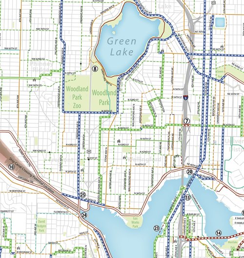 Seattle Bike Master Plan map showing Woodland Park Ave as a proposed future Neighborhood Greenway
